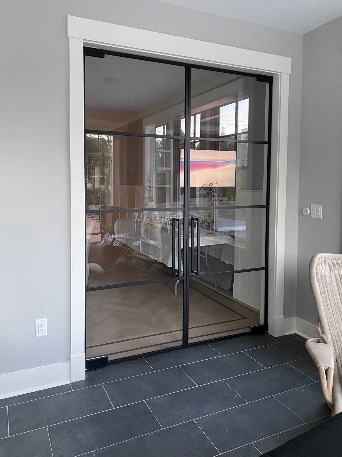 Wide French glass doors with C-shaped handles by WiseGlass NY