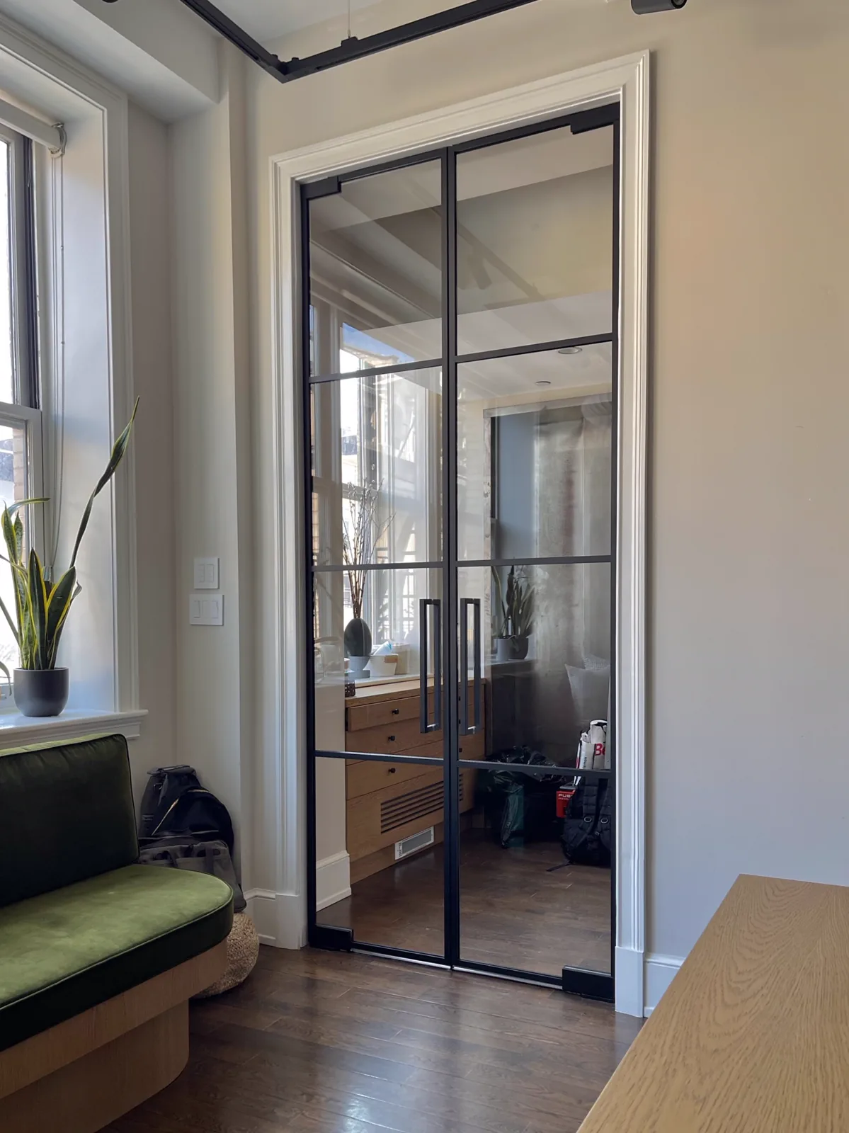 Tall French glass doors with C-shaped handles by WiseGlass NY
