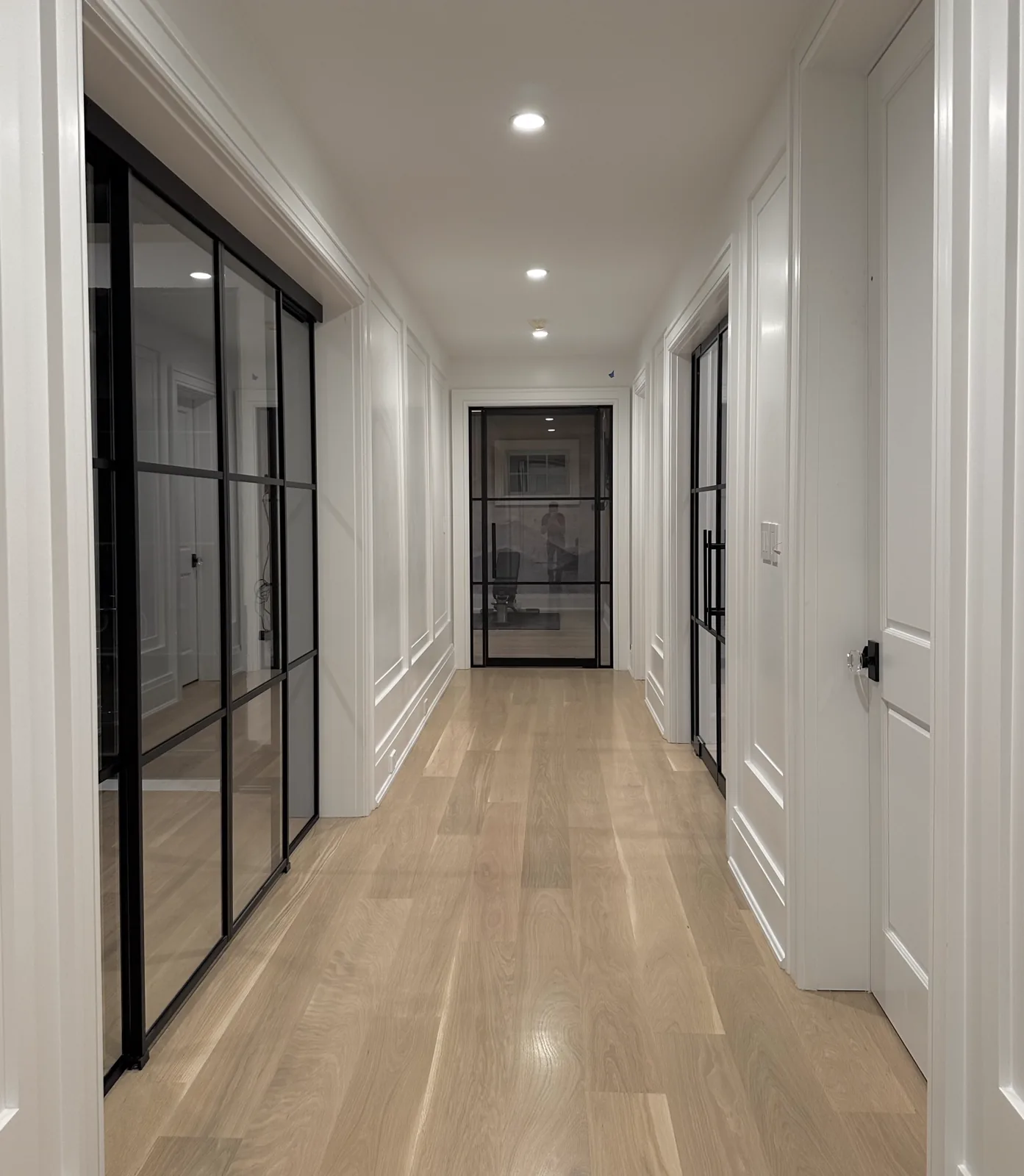Single swing door with double sliding glass wall in hallway by WiseGlass NY