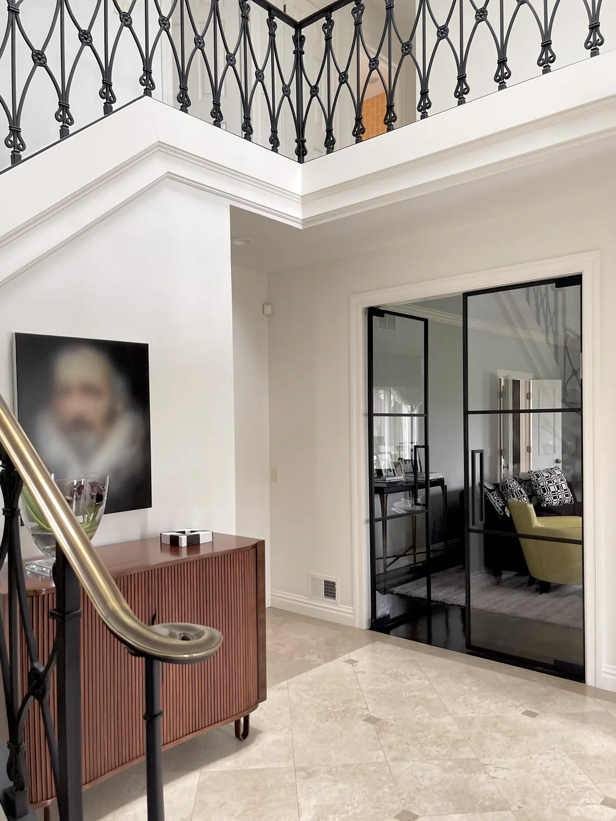 French glass doors with C-shaped handle and exposed pivot hinge by WiseGlass NY