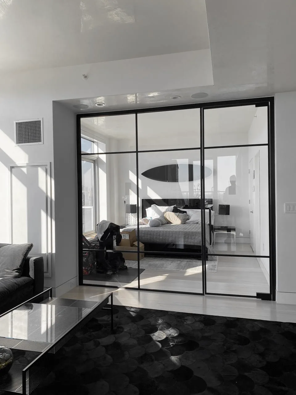 Glass partition wall with single swing door at bedroom entrance by WiseGlass NY