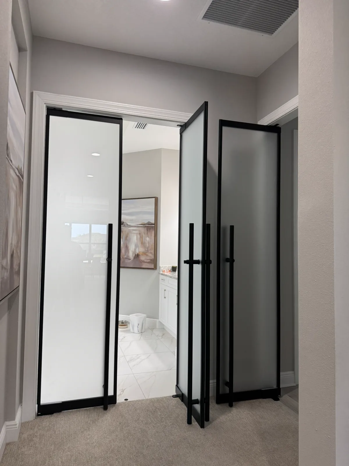 Frosted glass French doors with floor lock by WiseGlass NY